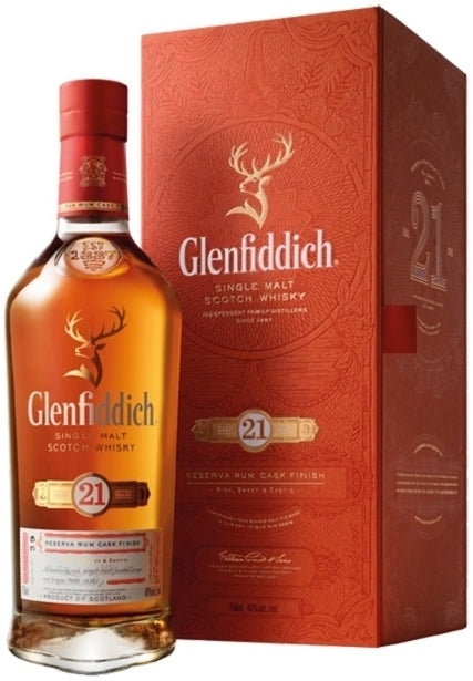 An image of a bottle of Glenfiddich 21YO Gran Reserva Single Malt Scotch Whisky beside its very classy and handsome gift box.