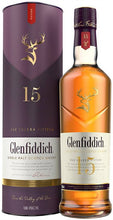 Load image into Gallery viewer, An image of a bottle of Glenfiddich Solera 15YO Single Malt Scotch Whisky next to its handsome gift tube box