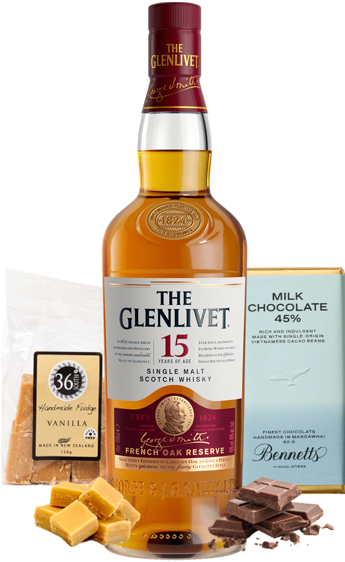 Load image into Gallery viewer, Bottle of The Glenlivet 15-year-old single malt Scotch whisky with chocolate and fudge on a white background