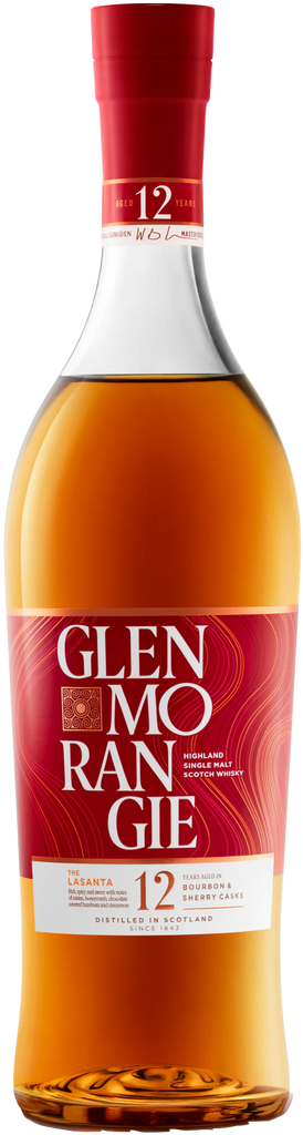 Glenmorangie The Lasanta 12 Year Old Whisky bottle with red label on a white background