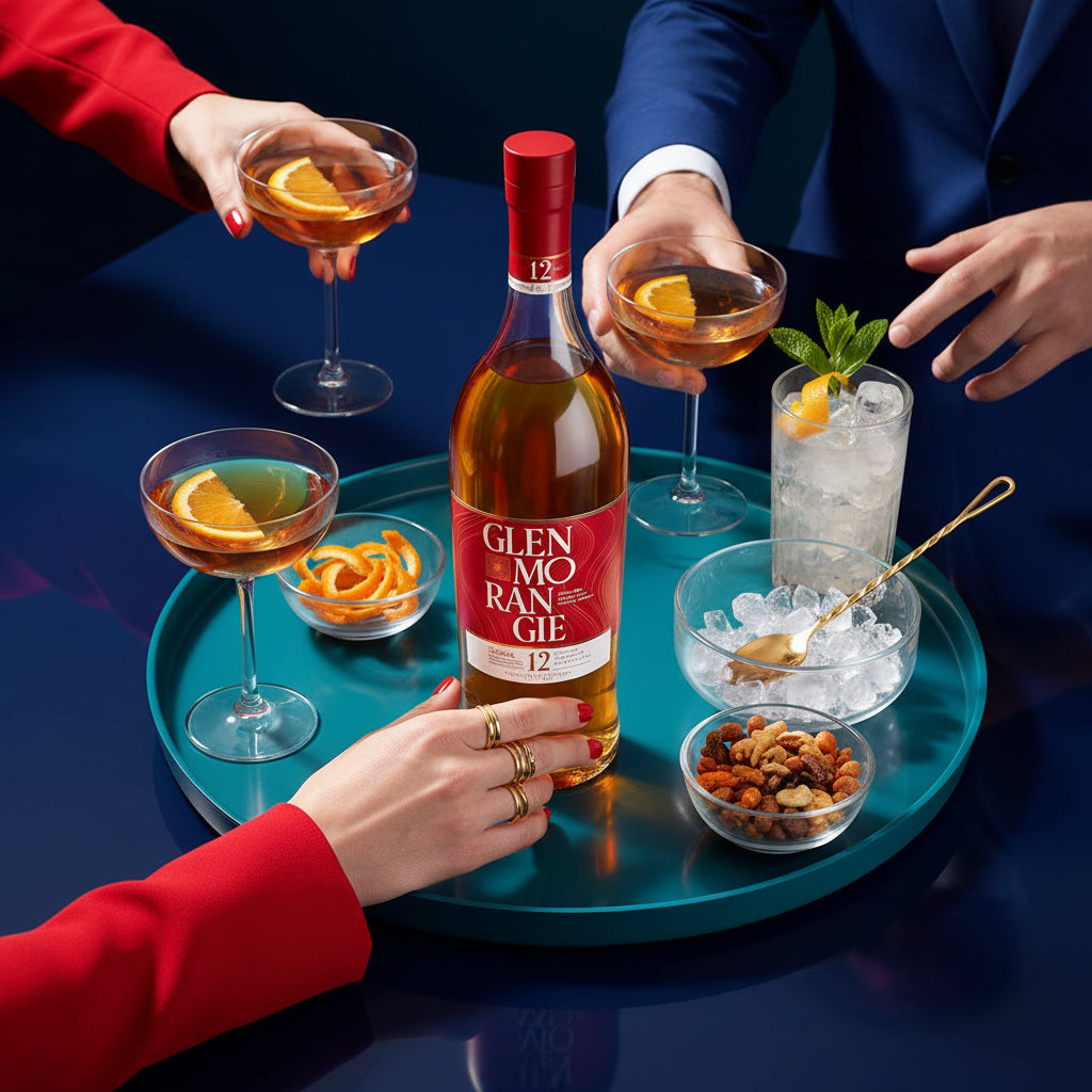 Load image into Gallery viewer, Glenmorangie The Lasanta 12 Year Old Whisky bottle with cocktails on a blue tray