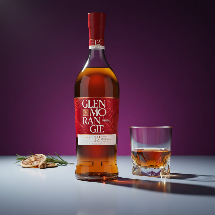 Load image into Gallery viewer, Glenmorangie The Lasanta 12 Year Old Whisky bottle with a glass on a purple background