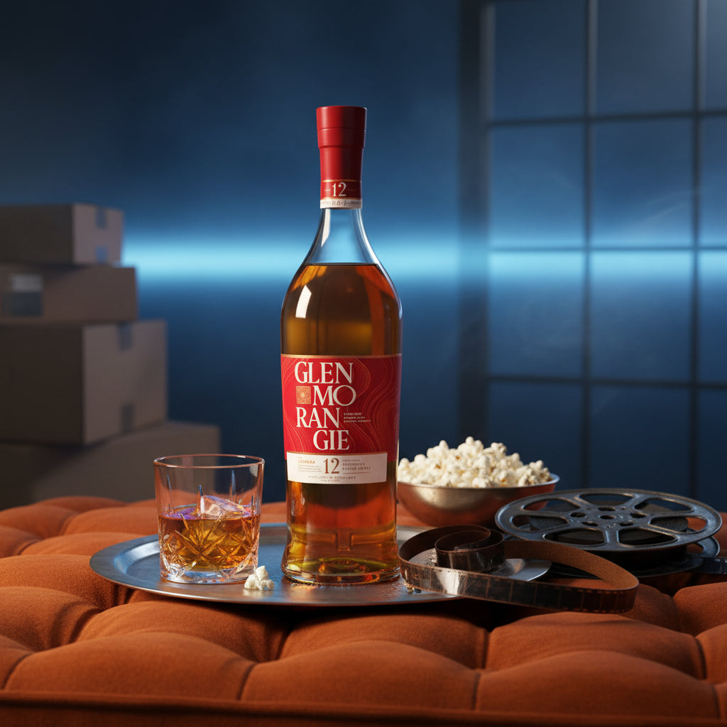 Load image into Gallery viewer, Bottle of Glenmorangie The Lasanta 12 Year Old Whisky with a glass and popcorn on a tray against a blue tiled wall.