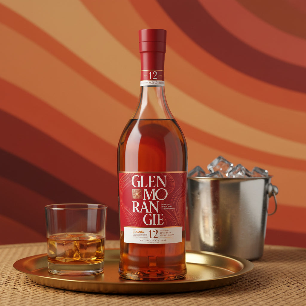 Load image into Gallery viewer, Glenmorangie The Lasanta 12 Year Old Whisky bottle with a glass and ice bucket on a tray against a warm gradient background