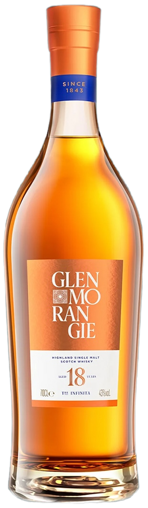 Glenmorangie 18 year old Infinita whisky bottle with a visible label on a white background