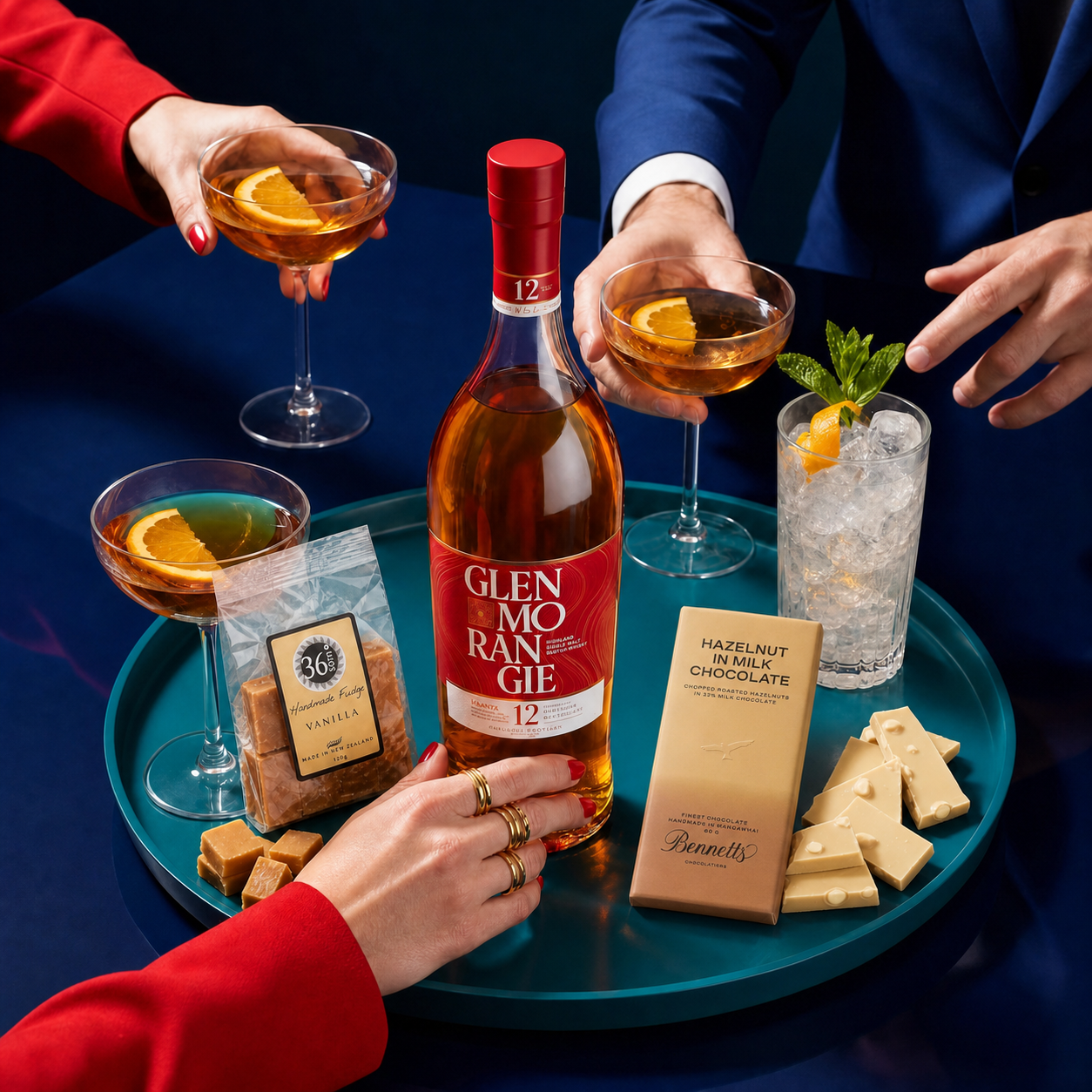 Load image into Gallery viewer, Glenmorangie The Lasanta 12YO Whisky bottle with cocktails and snacks on a blue tray