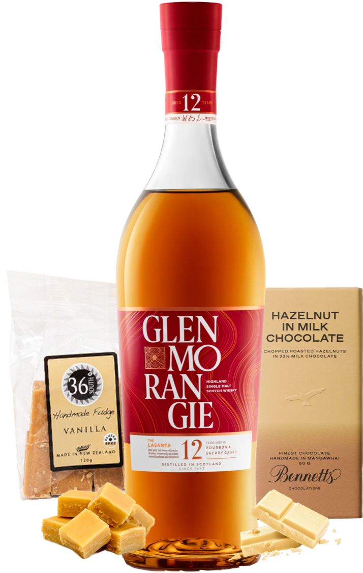 Load image into Gallery viewer, Glenmorangie The Lasanta 12YO whisky bottle with vanilla fudge and chocolate on a white background