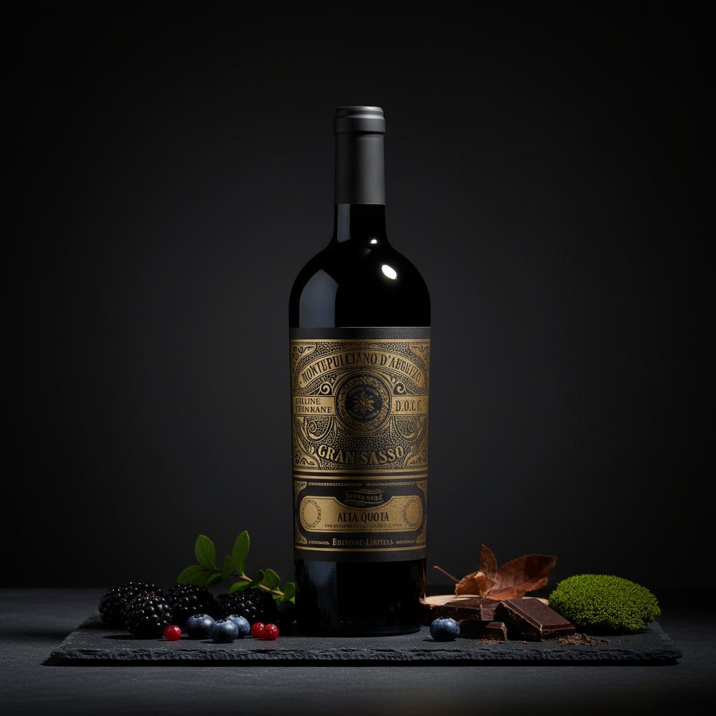 A bottle of Gran Sasso Colline Teramane Montepulciano Alta Quota wine next to chocolates and black berries