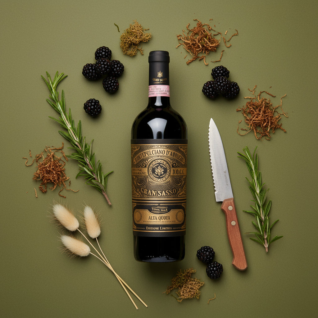 A bottle of Gran Sasso Colline Teramane Montepulciano Alta Quota wine next to black berries and rosemary sprigs