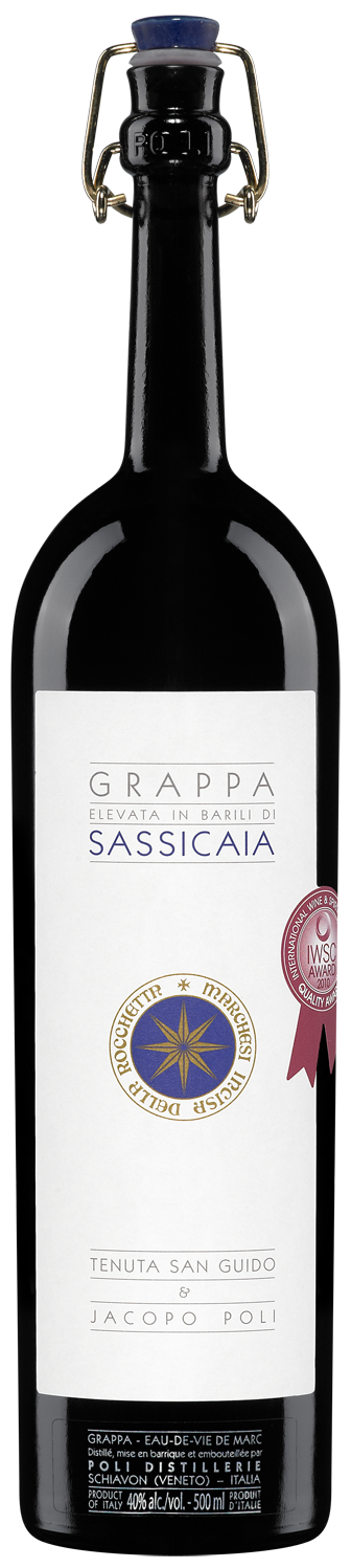 A bottle of Grappa di Bolgheri Sassicaia with a label displaying the brand and other information, set against a plain background.