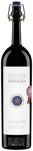 A bottle of Grappa di Bolgheri Sassicaia with a label displaying the brand and other information, set against a plain background.
