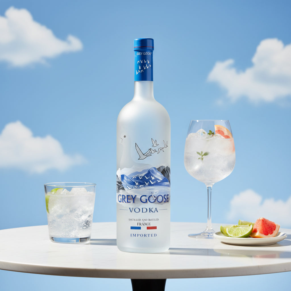 Load image into Gallery viewer, Bottle of Grey Goose vodka 3000ml with a glass of watermelon and lime on a table against a blue sky.