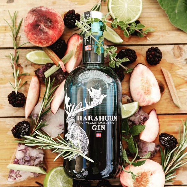 Load image into Gallery viewer, Harahorn Norwegian Small Batch Dry Gin 1000ml bottle surrounded by fruits and herbs on a wooden surface