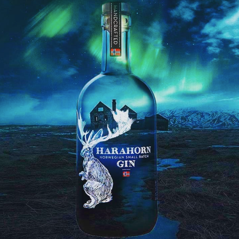 Load image into Gallery viewer, Harahorn Norwegian Small Batch Dry Gin 1000ml bottle with a scenic background of mountains and northern lights