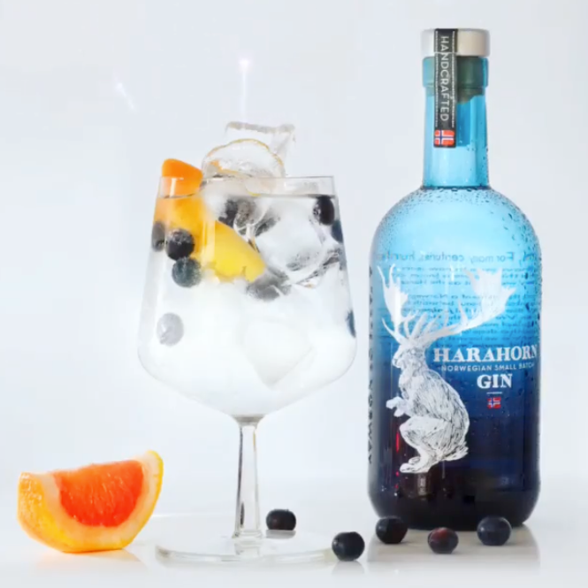 Load image into Gallery viewer, Harahorn Norwegian Small Batch Dry Gin 1000ml bottle with a glass of gin and tonic garnished with fruit on a white background