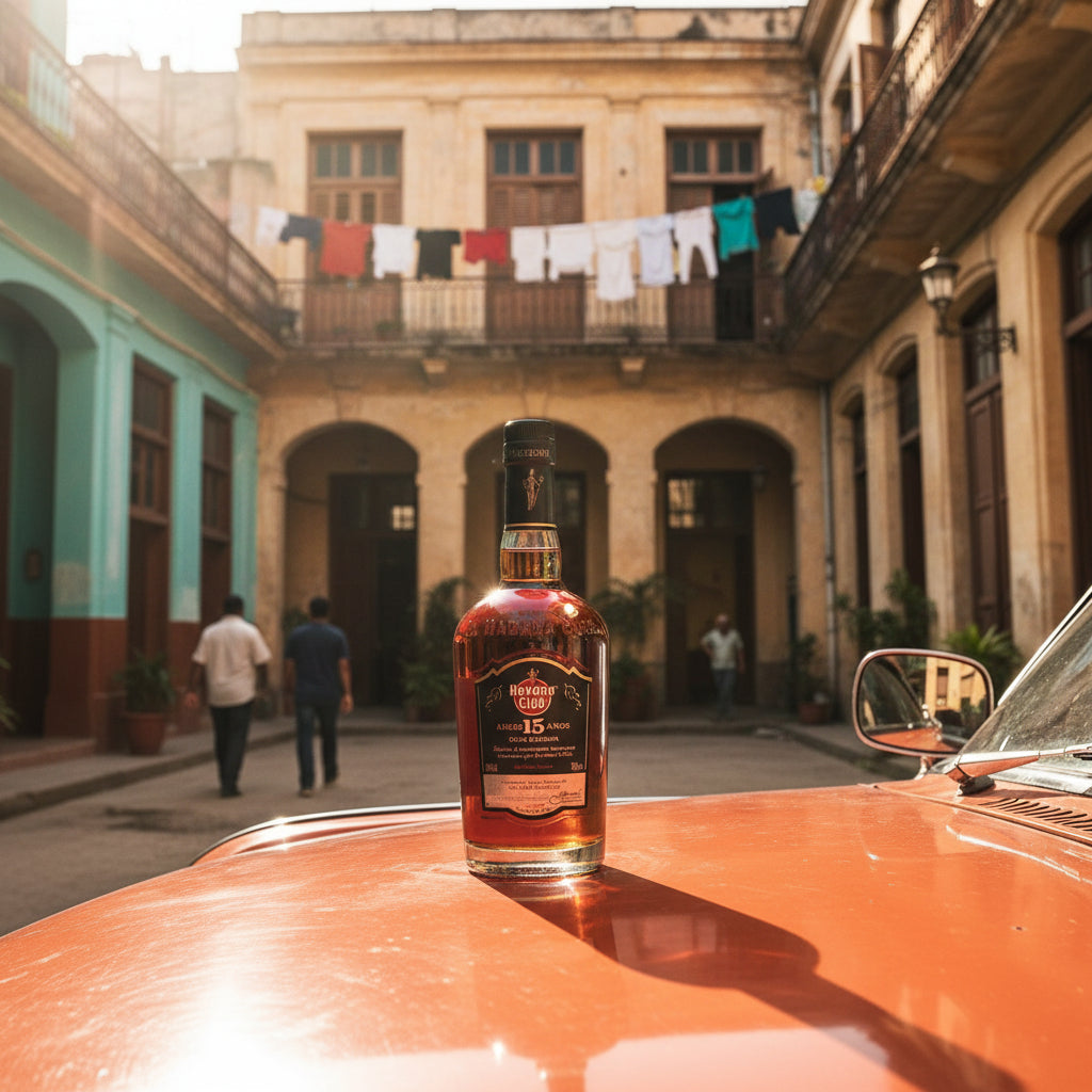 Load image into Gallery viewer, A bottle of Havana Club 15 Year Old Gran Reserva Rum is placed on the hood of a vintage orange car in a sunny, historic Havana, Cuban street courtyard with people walking in the background.