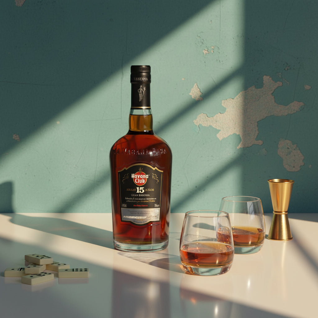 Load image into Gallery viewer, A bottle of Havana Club 15 Year Old Gran Reserva Rum stands on a white table next to two filled glasses and a gold jigger, set against a textured teal wall with dramatic diagonal shadows.