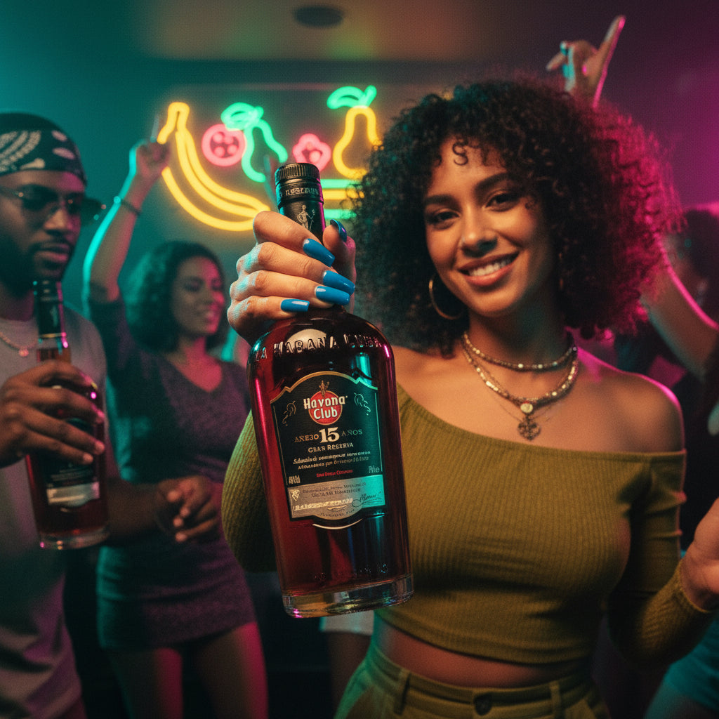 Load image into Gallery viewer, A pretty woman in a green off-the-shoulder top holds up a bottle of Havana Club 15 Year Old Gran Reserva Rum in a neon-lit nightclub setting, with other people and colourful fruit signs blurred in the background.