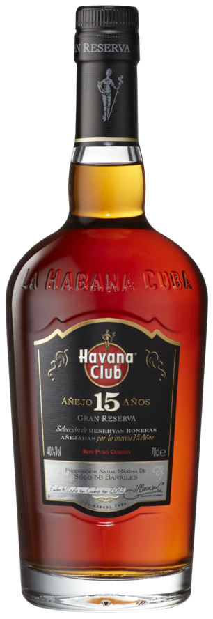 Load image into Gallery viewer, A bottle of Havana Club 15 Year Old Gran Reserva Rum, featuring amber-brown liquid, a black cap, and a black and gold label on a white background.