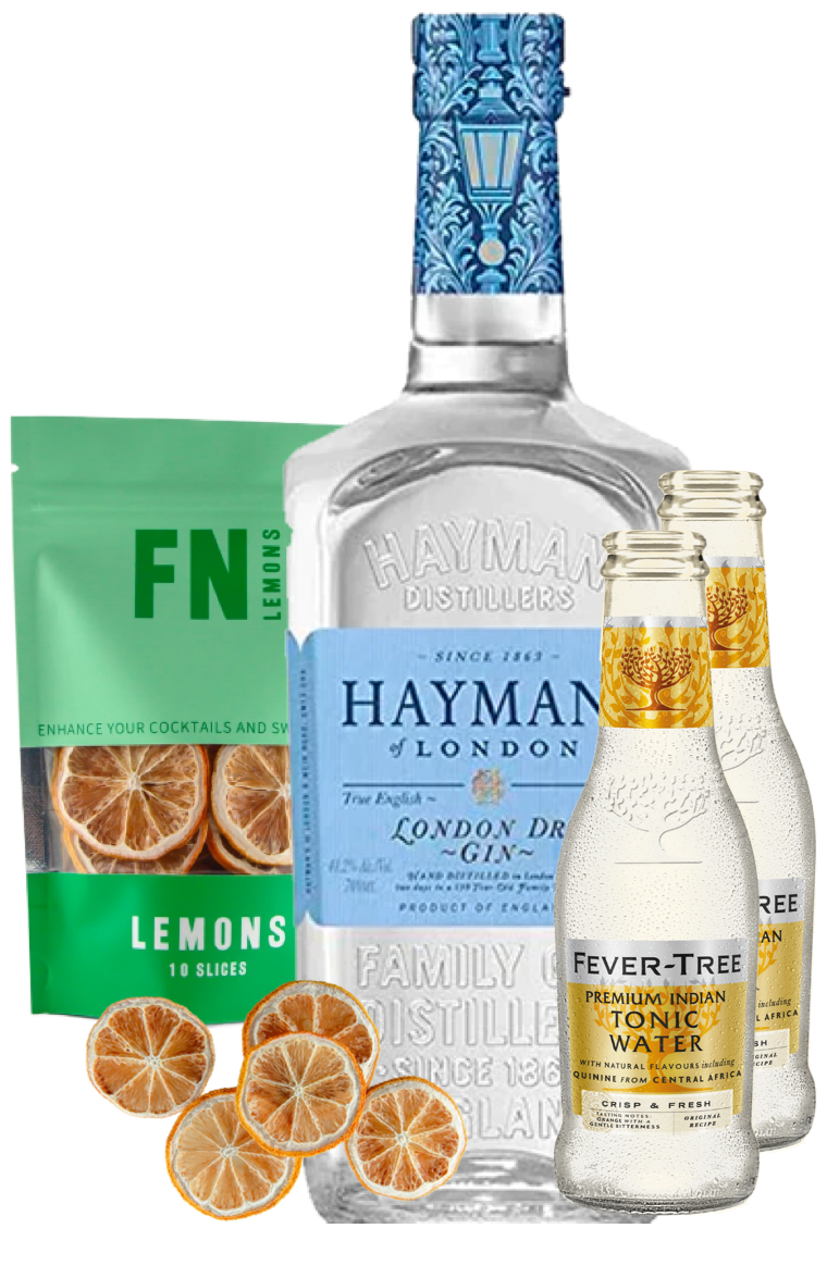 Hayman London gin bottle with Fever-Tree tonic water and lemon slices on a white background
