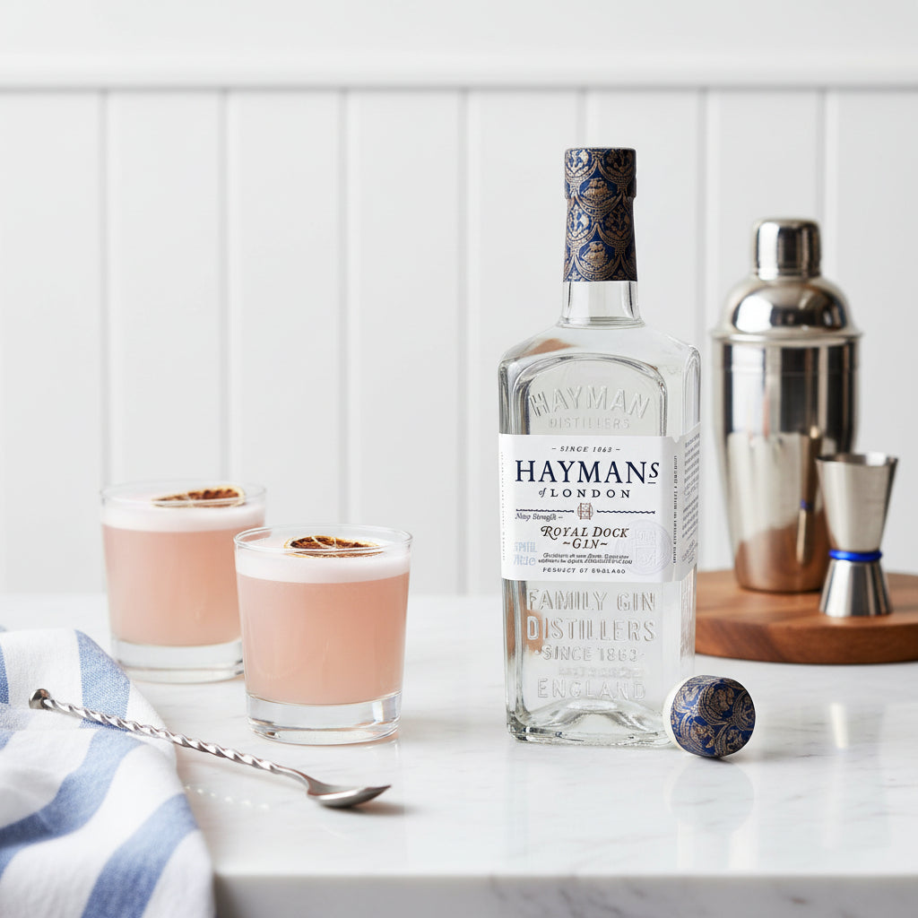 Load image into Gallery viewer, Hayman’s Royal Dock Navy Strength Gin bottle with two cocktails and bar tools on a white surface