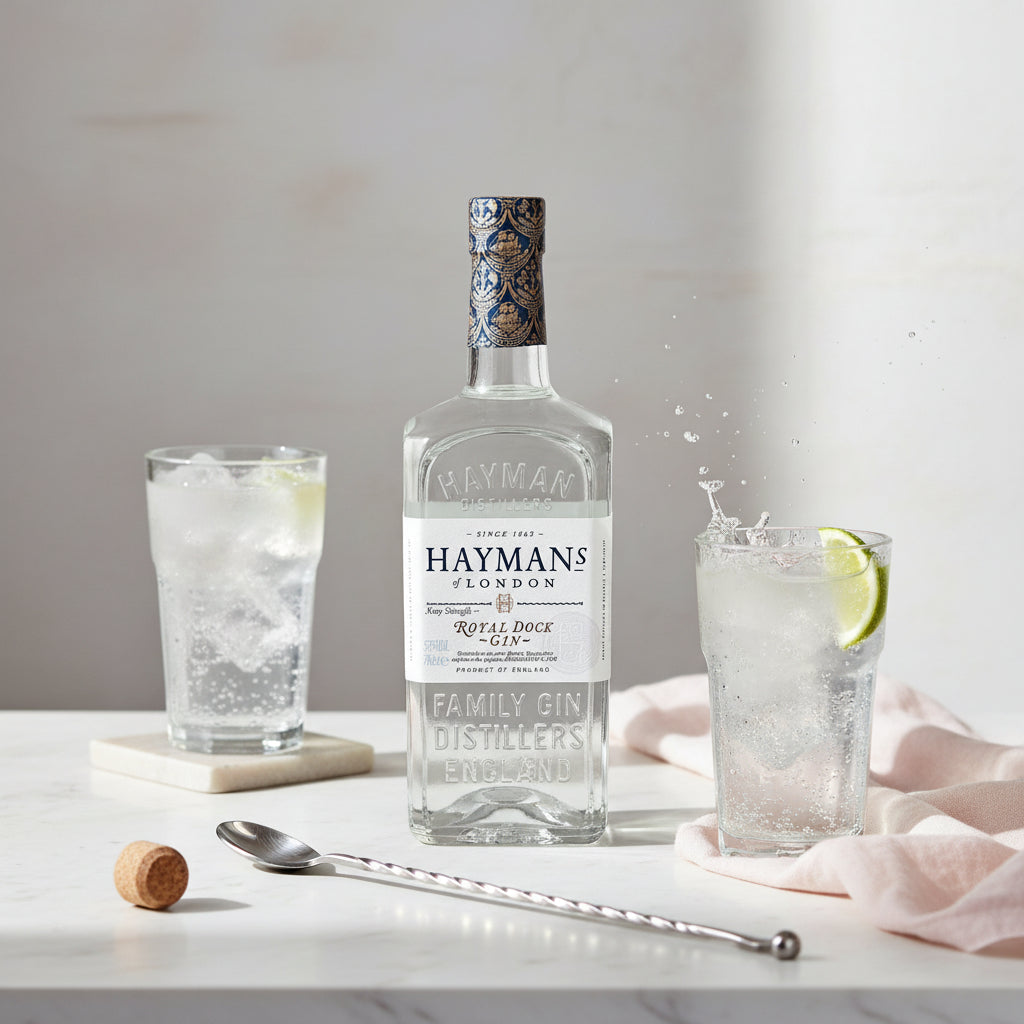 Load image into Gallery viewer, Hayman’s Royal Dock Navy Strength Gin bottle with two glasses of gin and tonic on a light surface.