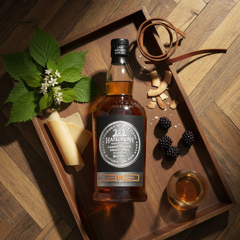 Load image into Gallery viewer, A bottle of Hazelburn 10 year old Scotch whisky is presented in a wooden tray with a glass of the amber liquid, a small sprig of green leaves and white flowers, a wedge of cheese, and dark berries on a dark wood parquet floor.