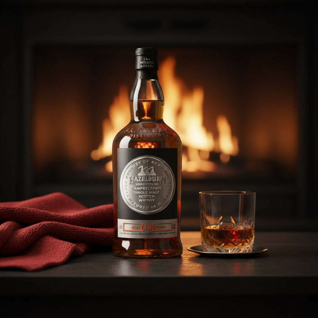 Load image into Gallery viewer, A bottle of Hazelburn 10 Year Old Scotch whisky stands on a dark tabletop in front of a glowing fireplace, with a small glass of amber liquor and a folded red cloth beside it.