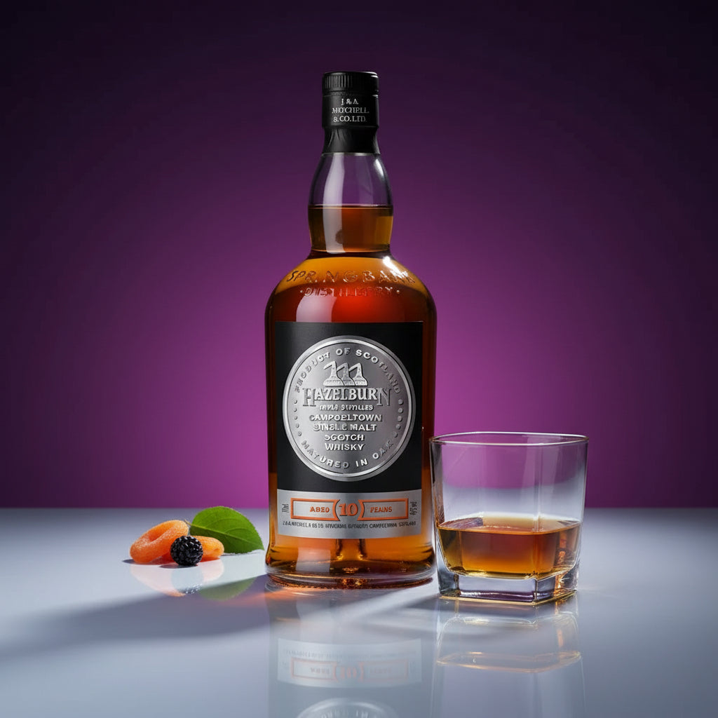 Load image into Gallery viewer, A bottle of Hazelburn 10 Year Old Single Malt Scotch Whisky stands on a reflective white surface next to a clear rocks glass filled with the amber whisky, with small fruit and mint garnish on the left. The background is a clean purple studio gradient.
