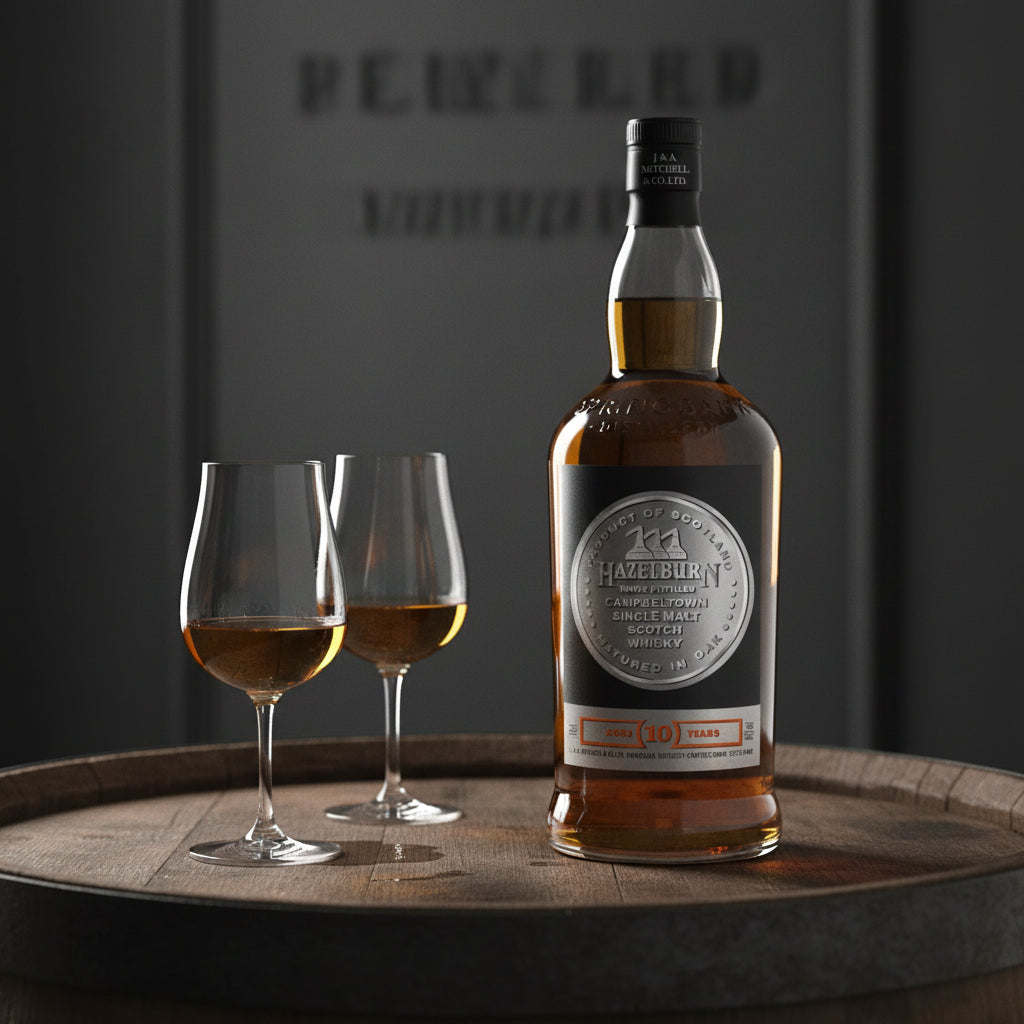 Load image into Gallery viewer, A bottle of Hazeburn 10 Year Old Scotch whisky stands on a wooden barrel next to two filled whisky glasses, with a dark, moody background and blurred 'Hazeburn' branding.