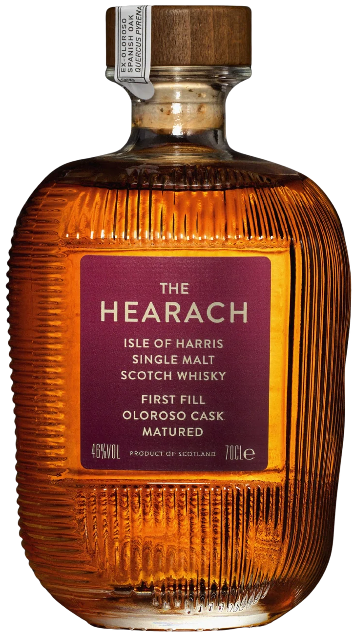 Load image into Gallery viewer, A 700ml bottle of The Hearach Isle of Harris Sherry cask Single Malt Scotch Whisky, featuring a ribbed clear glass body showing the amber-brown whisky inside, a dark purple label with gold lettering, and a wooden stopper.