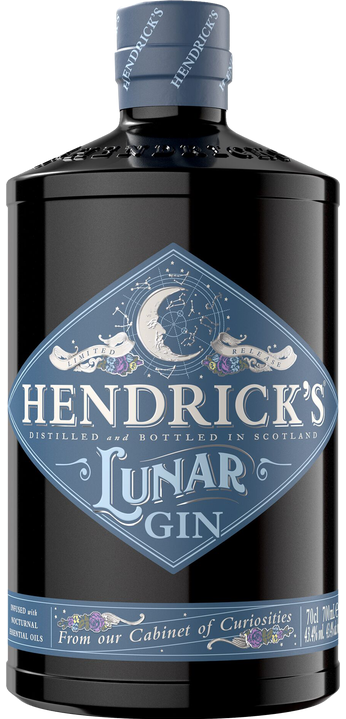 Hendrick's Lunar Gin bottle with blue label on a white background