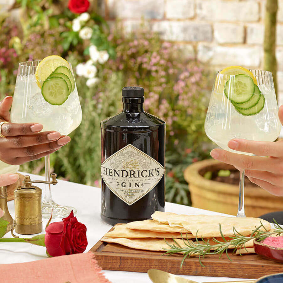 An image of an iconic bottle of Hendricks Original Gin in between two glasses of mouth-watering gin and tonics