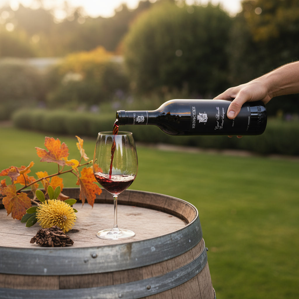 Person pouring a bottle of Henschke Cyril Cabernet Sauvignon wine from a bottle into a glass on a wooden barrel with a garden background