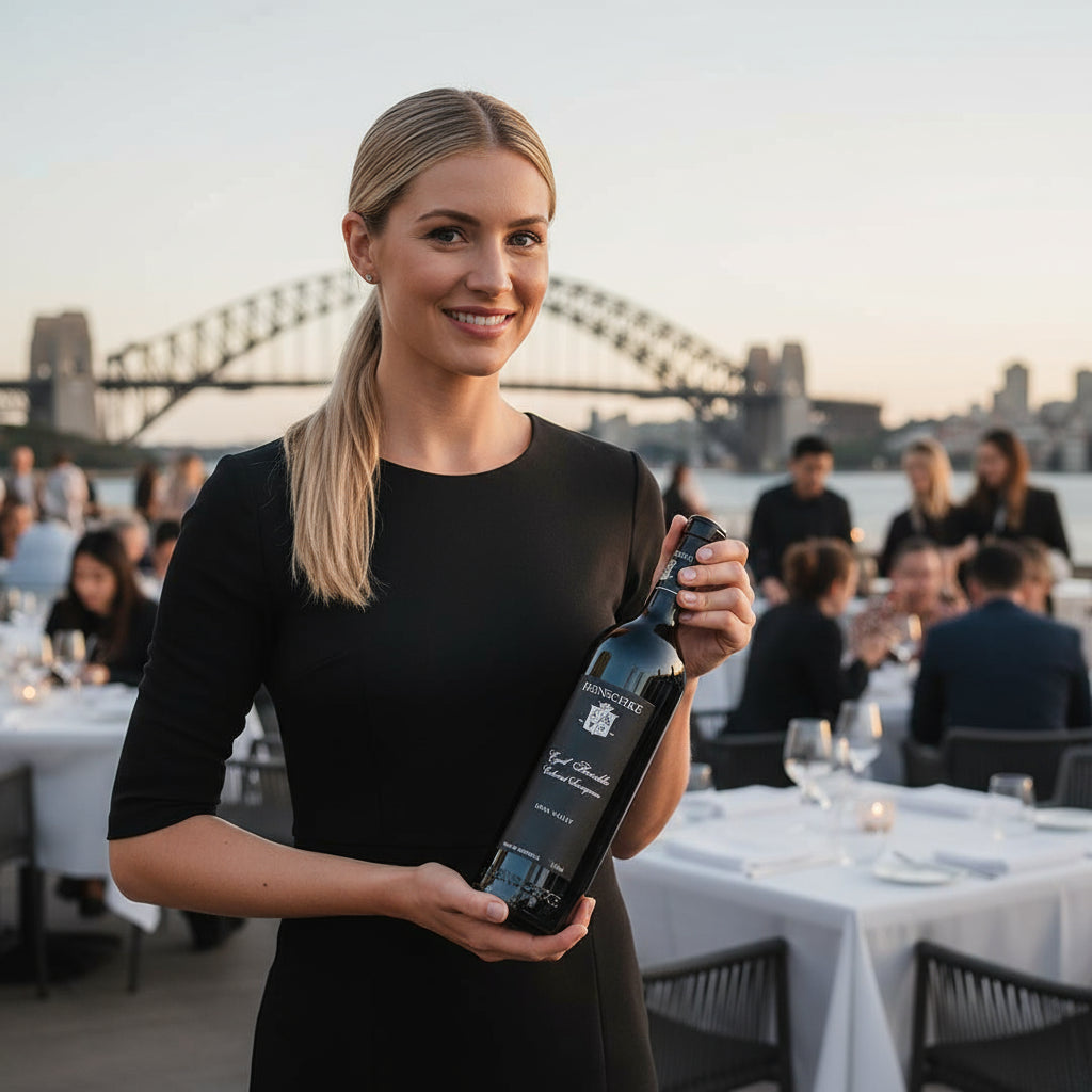 Waitress holding a Henschke Cyril Cabernet Sauvignon wine bottle with a cityscape in the background