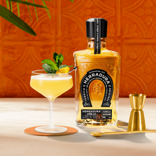 Load image into Gallery viewer, Herradura tequila bottle with a cocktail on an orange textured background