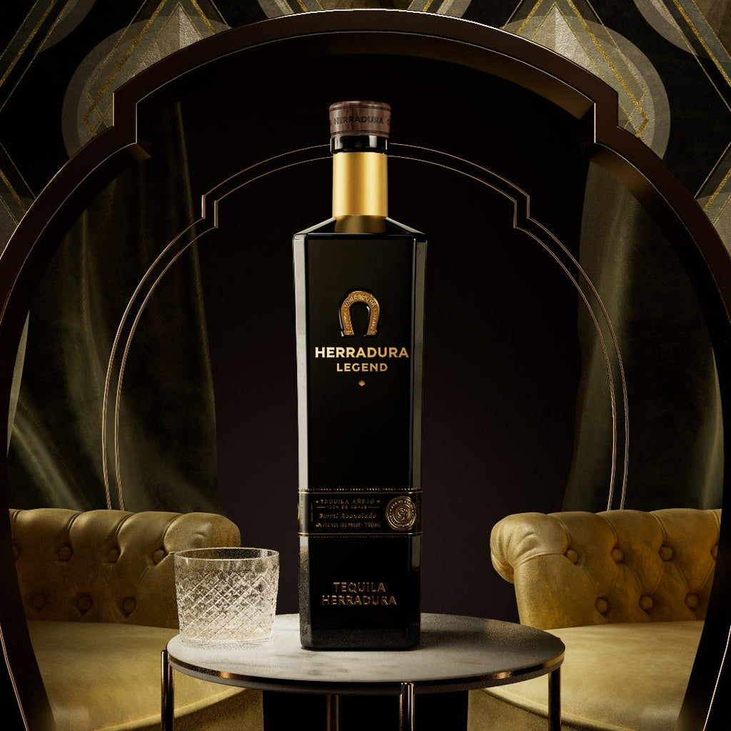 Herradura tequila bottle on a table with a decorative background