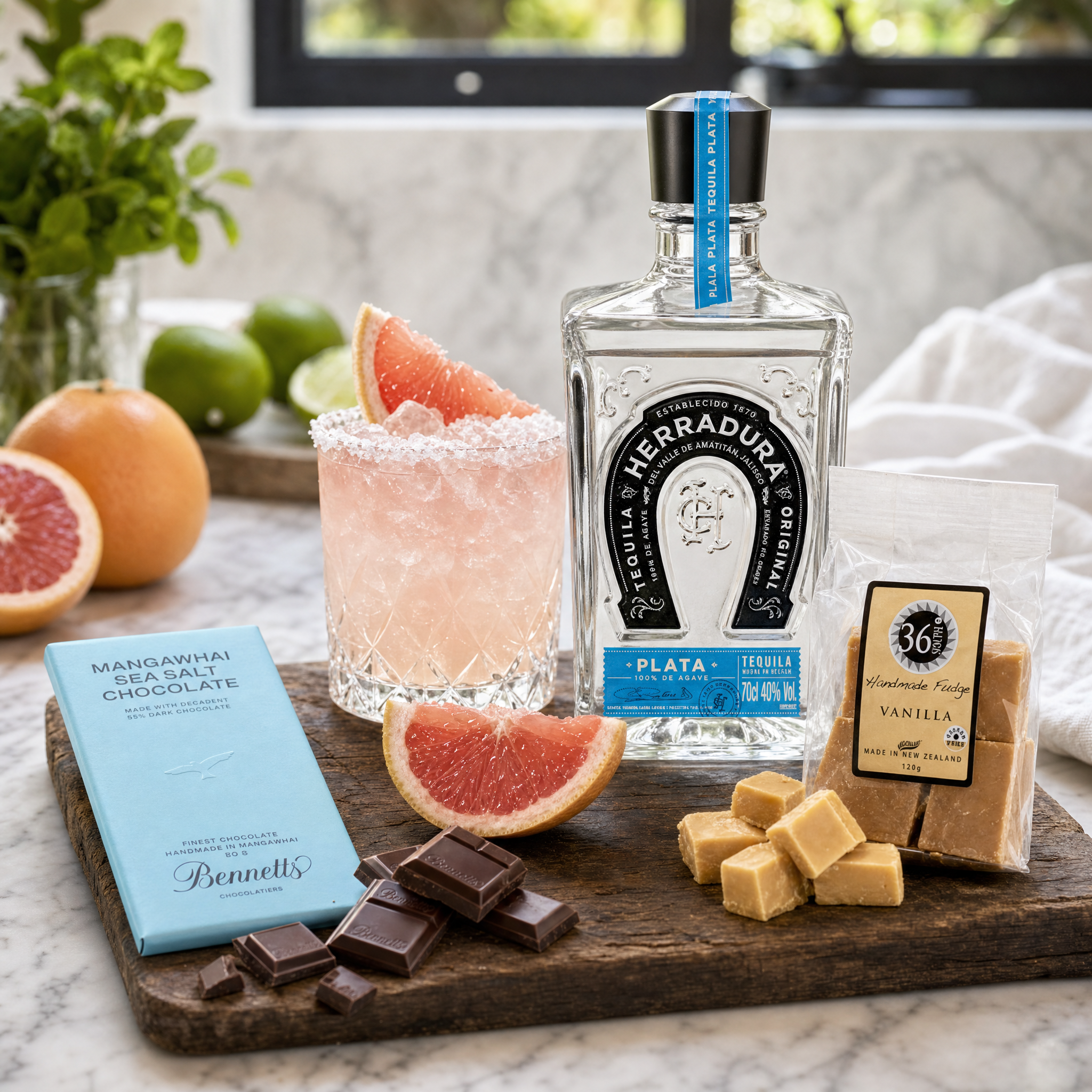 Load image into Gallery viewer, Herradura Plata tequila bottle on a wooden board with a glass of pink cocktail, chocolate, and fudge.