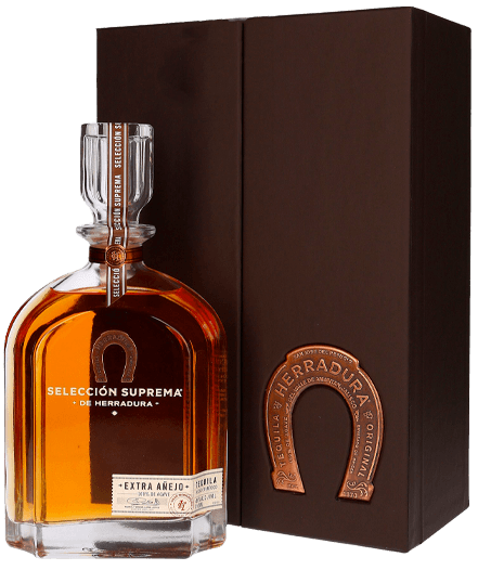 Load image into Gallery viewer, An image of a bottle of the ultra-premium Herradura Seleccion Suprema Tequila next to its beautiful gift box. This tequila makes the ultimate tequila gift.