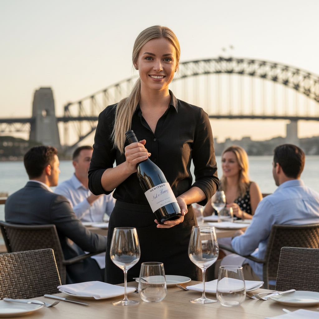 Waitress holding a bottle of Hewitson-Ned-Henry-Shiraz wine at an outdoor dining table with the Sydney Harbour Bridge in the background.