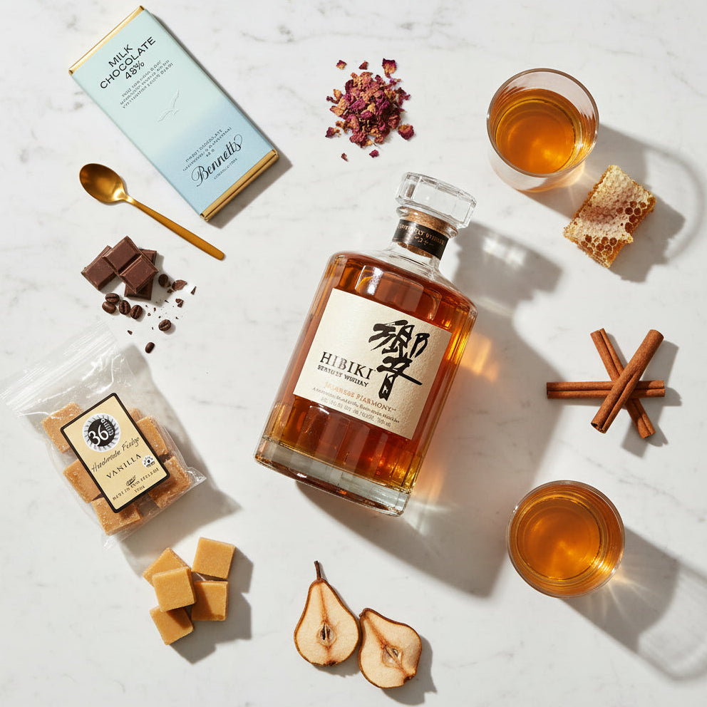 Load image into Gallery viewer, A styled flat-lay of a bottle of Hibiki Harmony Japanese Whisky, surrounded by a packet of 36 Degrees vanilla fudge, vanilla fudge pieces, a bar of Bennett's milk chocolate, milk chocolate pieces, dried pear slices, cinnamon sticks, honeycomb, and two glasses of the whisky on a white marble surface.
