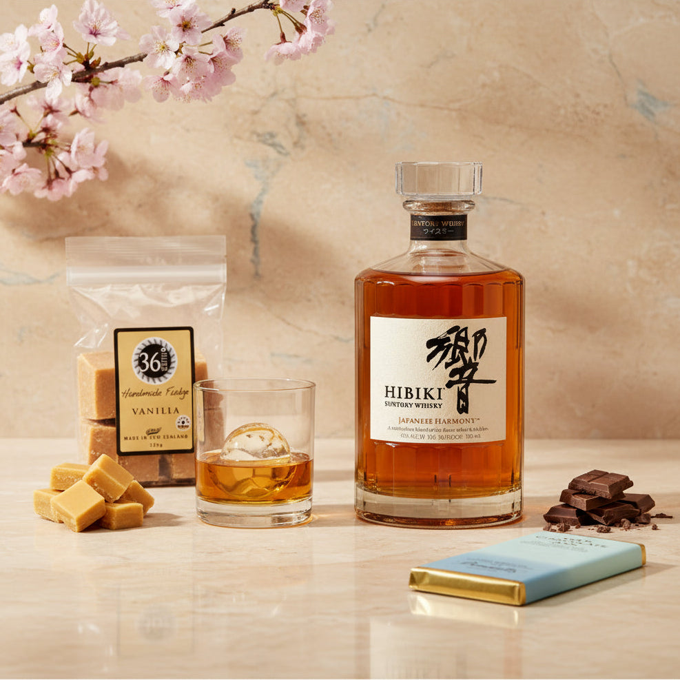 Load image into Gallery viewer, A bottle of Hibiki Harmony Japanese Whisky, styled on a marble surface with cherry blossoms, 36 Degrees vanilla fudge squares, a whiskey glass, a bar of Bennett's milk chocolate laying flat and chocolate pieces.