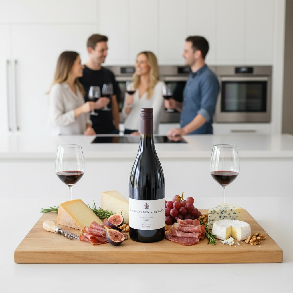 Load image into Gallery viewer, A High-Garden-Vineyard-Pinot-Noir wine bottle with a charcuterie board in a kitchen setting with people in the background