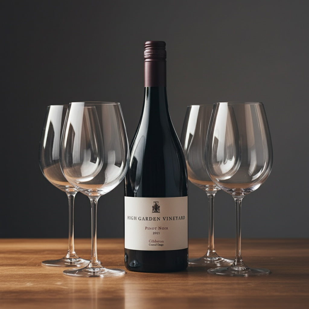 Load image into Gallery viewer, High-Garden-Vineyard-Pinot-Noir wine bottle with four empty wine glasses on a wooden table