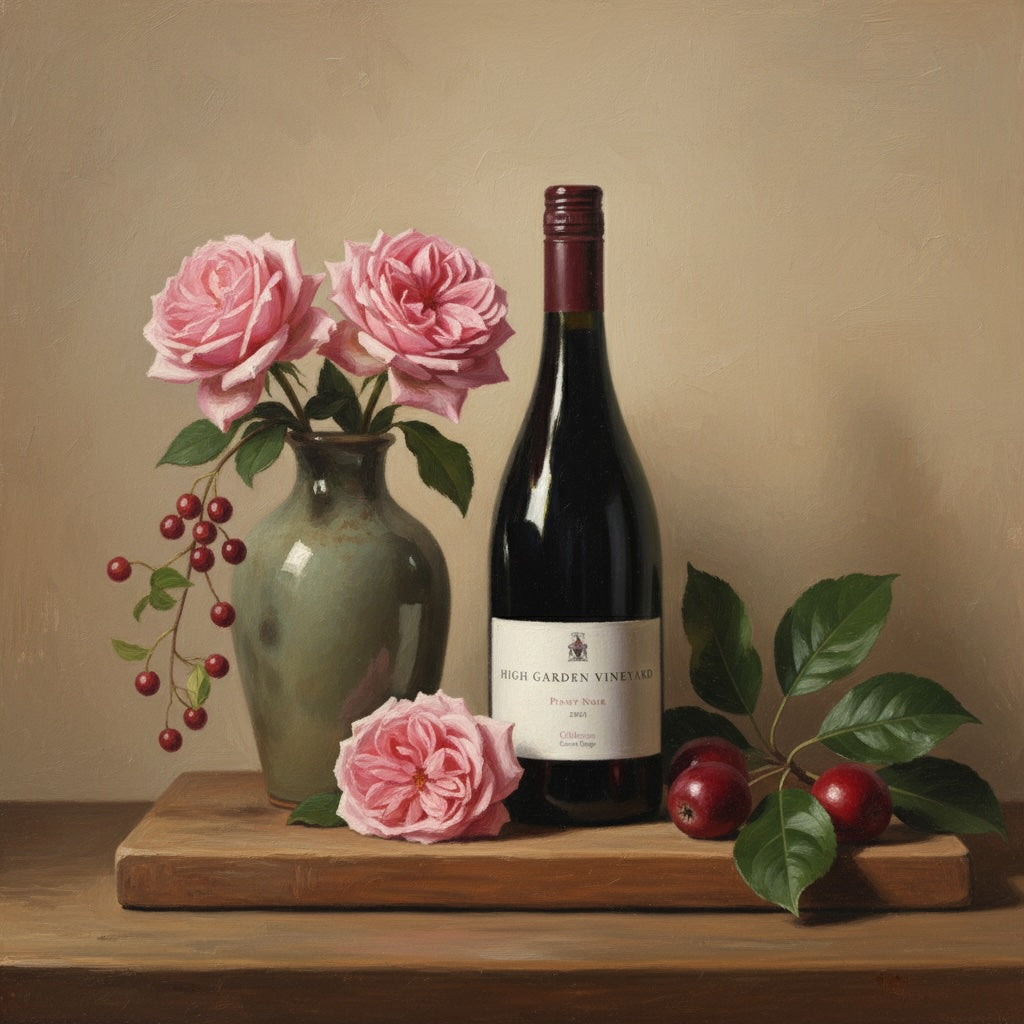 Load image into Gallery viewer, Still life image with a bottle of High-Garden-Vineyard-Pinot-Noir wine, pink roses, and red berries on a wooden surface.