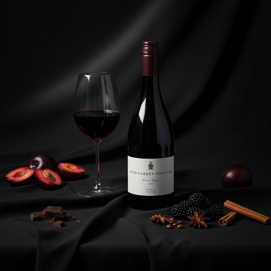 Load image into Gallery viewer, High-Garden-Vineyard-Pinot-Noir wine bottle and glass with fruit and spices on a dark background