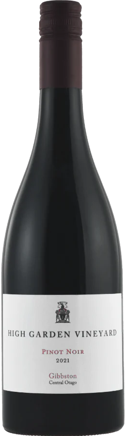 A bottle of High Garden Vineyard Pinot Noir wine with a label showing the vineyard's name and the vintage year.
