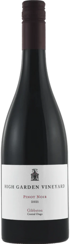 A bottle of High Garden Vineyard Pinot Noir wine with a label showing the vineyard's name and the vintage year.