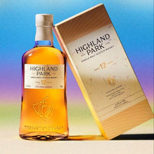 Load image into Gallery viewer, Highland Park whisky bottle and box on a gradient background