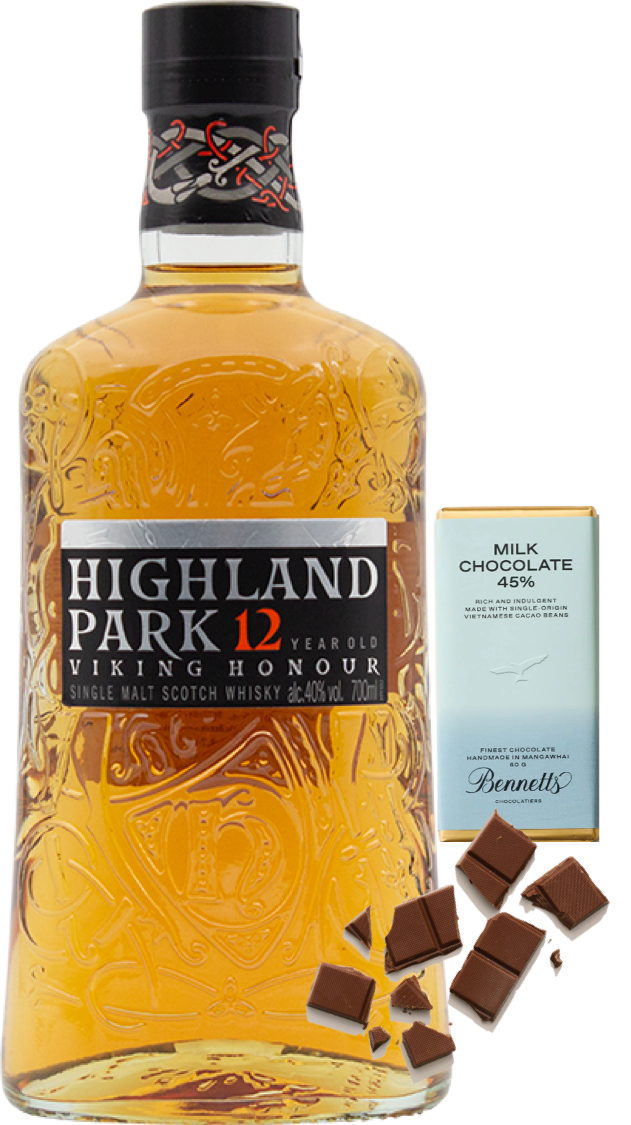 An image of a Highland Park 12YO Viking Honour Whisky Gift Box including a bar of hand-made Bennetts milk chocolate